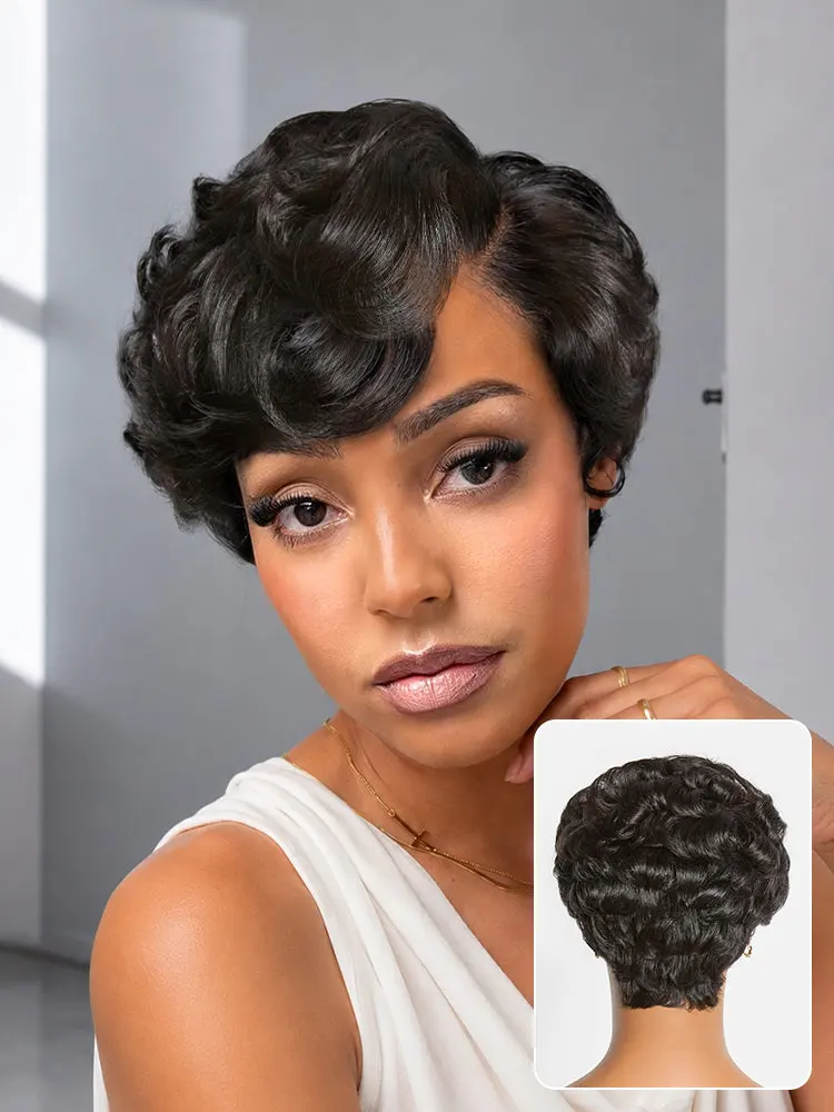 natural black lightweight roll curl short pixie cut wig with pre-cut lace, glueless and beginner-friendly.
