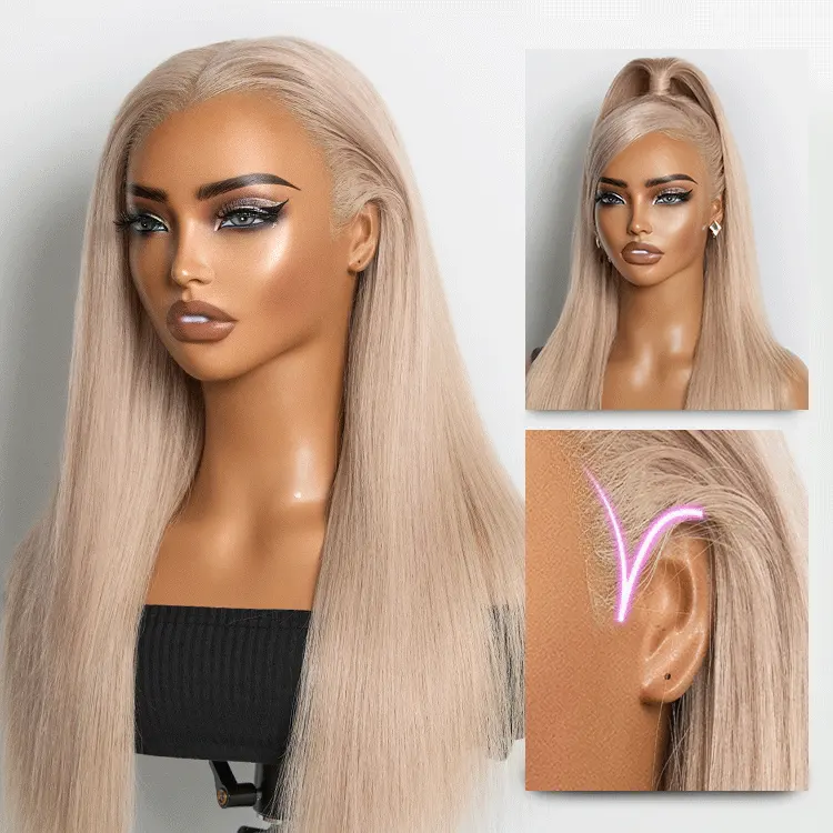 NatureMAX™ Ash Blonde Silky Straight Lace Front Wig with 13x4 HD lace, glueless cap, and pre-cut lace.