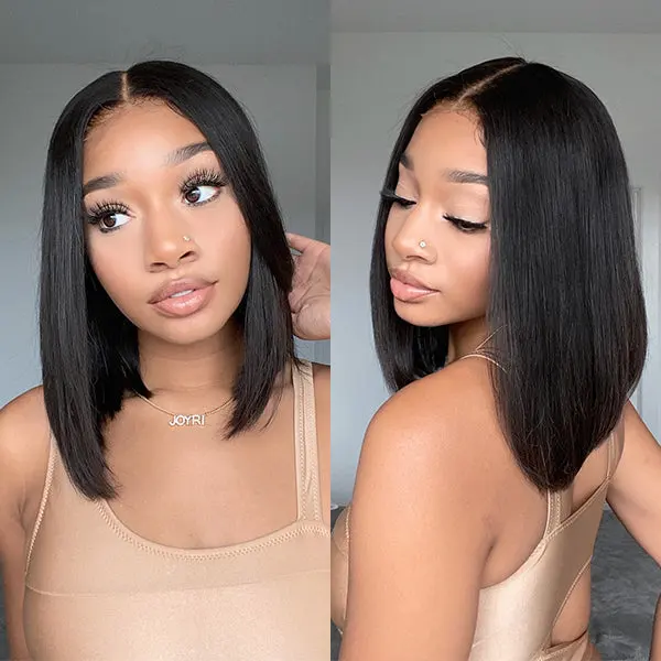 beginner-friendly glueless silky blunt cut 4x4 closure bob wig in natural black, 100% human hair, shown on a mannequin head.