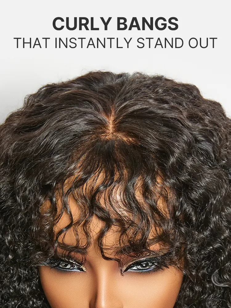 Beginner Friendly 200% Density Kinky Curly with Bangs Glueless 5x5 Closure Pre-Cut Lace Wig All Head Sizes Fit Cap
