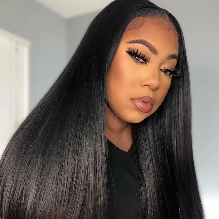 200% Mega Density silky straight glueless 5x5 HD lace closure long wig, natural hair texture, styled for a sleek look