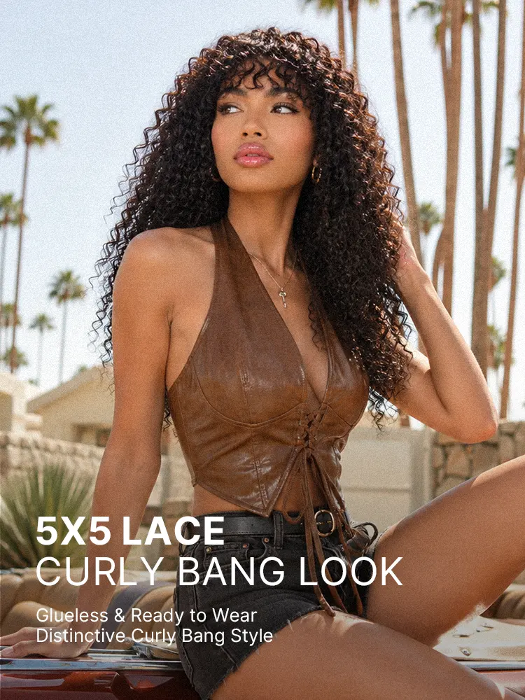 Beginner Friendly 200% Density Kinky Curly with Bangs Glueless 5x5 Closure Pre-Cut Lace Wig All Head Sizes Fit Cap