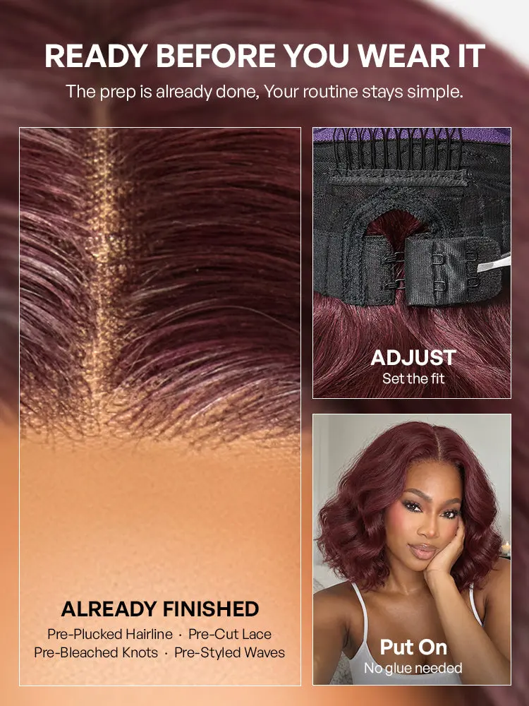 New Customers Only | Dark Plum 99J Color Wig Loose Wave Minimalist HD Lace Glueless Mid Part Short Wig Pre-cut Lace-14