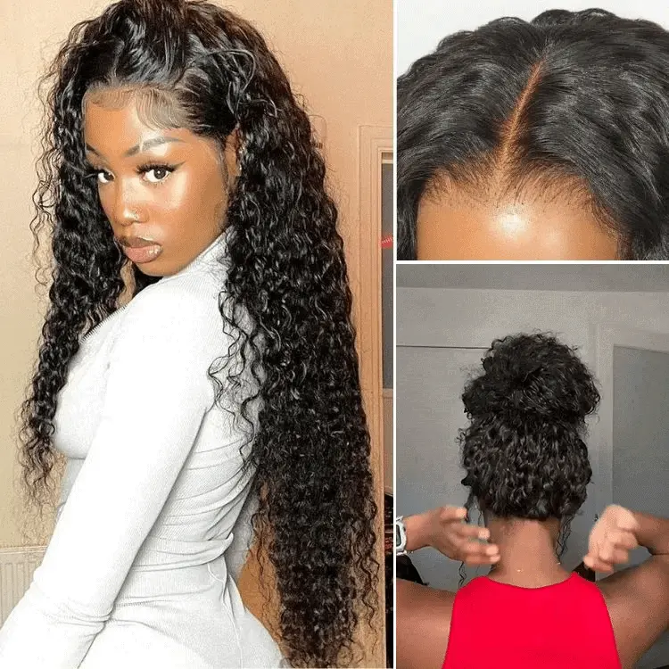 PreMax 180% density water wave glueless lace frontal wig with curly, fluffy texture and pre-cut lace, adjustable drawstring fit.