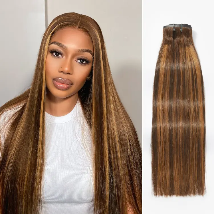 seamless brown highlights silky straight clip-in hair extensions, 7 or 9 pieces, with free gift included.