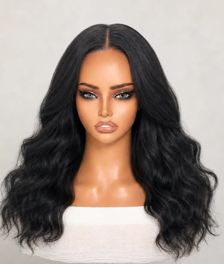 Black Glueless HD Lace Yaki Blow Out Body Wave Long Wig with 7x6 closure and pre-cut lace, natural hair appearance