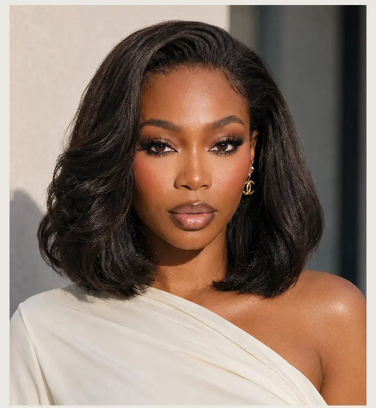 3-In-1 Half Wig 180% Density Kinky Straight Bob Glueless Flexi-Fit Drawstring Wig