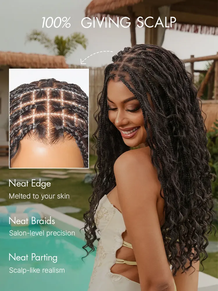 OwnScalp™  Light Weight Flexi-Fit Invisi Drawstring Cap Full Lace Knotless Boho Curls Braided Long Wig Super Natural Scalp-85