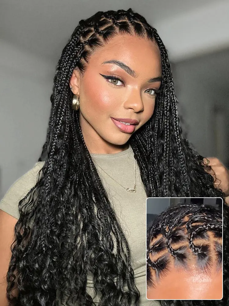 OwnScalp™  Light Weight Flexi-Fit Invisi Drawstring Cap Full Lace Knotless Boho Curls Braided Long Wig Super Natural Scalp Pre-Cut Lace-94