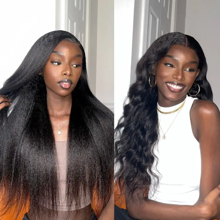 natural kinky straight 5x5 closure wig with HD lace, long 100% human hair, showcasing the wig's texture and lace detail.