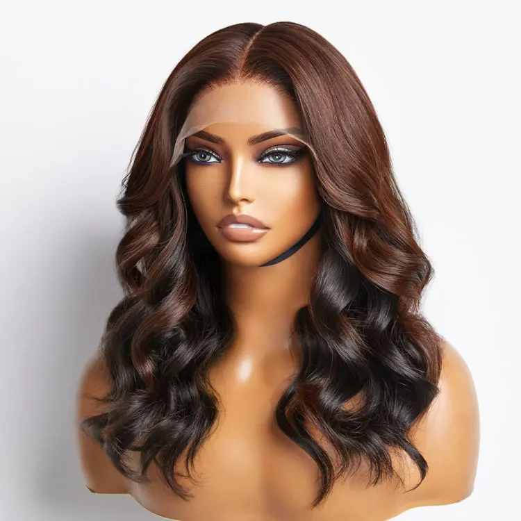 Peekaboo Bronze Brown 5x5 closure wig with loose body wave texture, HD lace, glueless fit, available in large and small cap sizes.