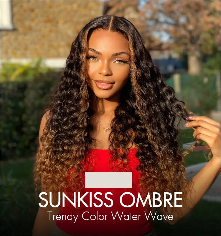 Fluffy Brown Ombre Highlights Water Wave Glueless 5x5 Closure HD Lace Long Curly Wig Breathable Cap-01