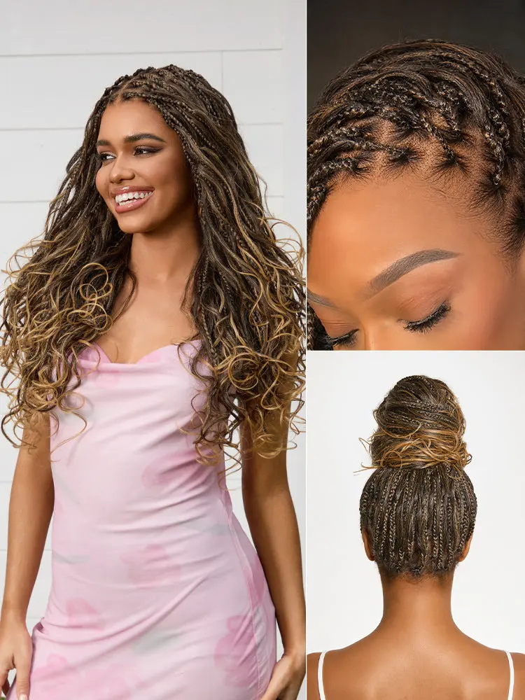 OwnScalp™ Ombre honey blonde French curl knotless boho braid long lace wig on black mannequin head