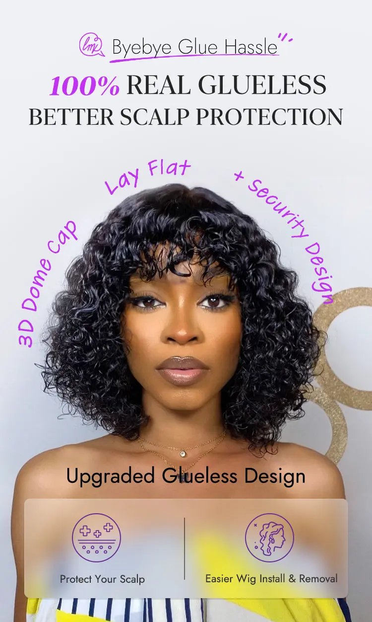 Beginner Friendly Water Wave Minimalist Lace Glueless Short Curly Wig with Bangs-23
