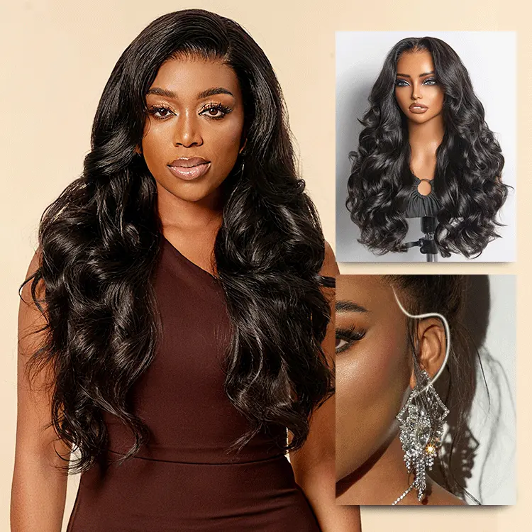 NatureMAX 250% Density Loose Wave HD Lace Front Wig with pre-cut lace, ear-to-ear cap, and flexible drawstring fit.