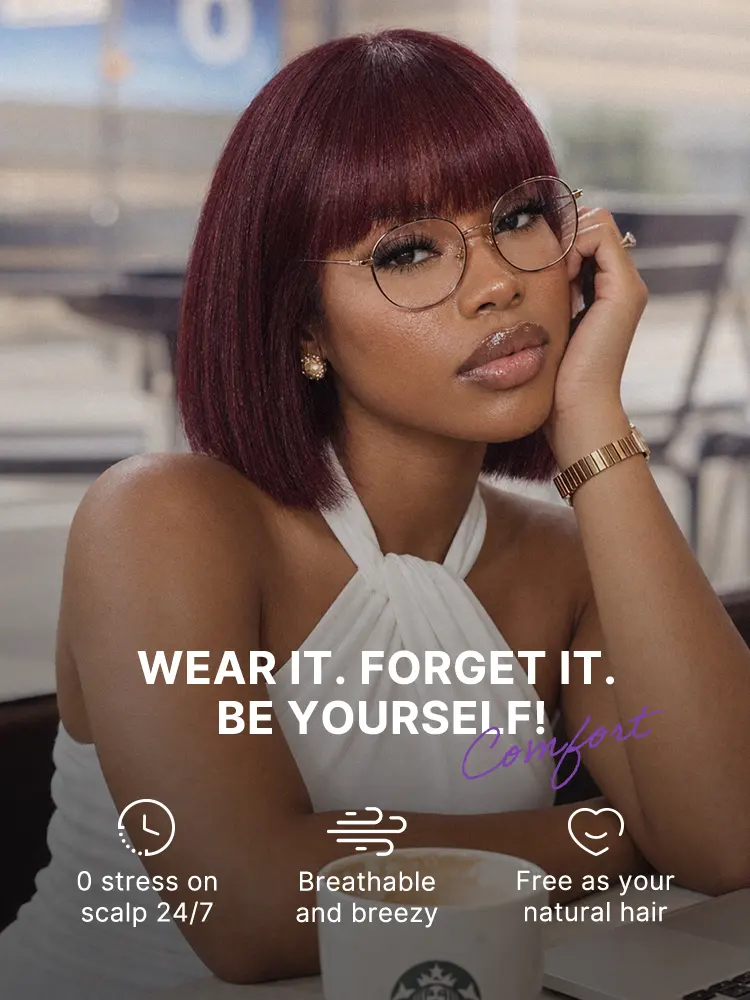New Customers Only | Reddish Purple Realistic Glueless Yaki Straight Bob with Bangs Minimalist Lace Bob Wig All-Day Comfort Cap