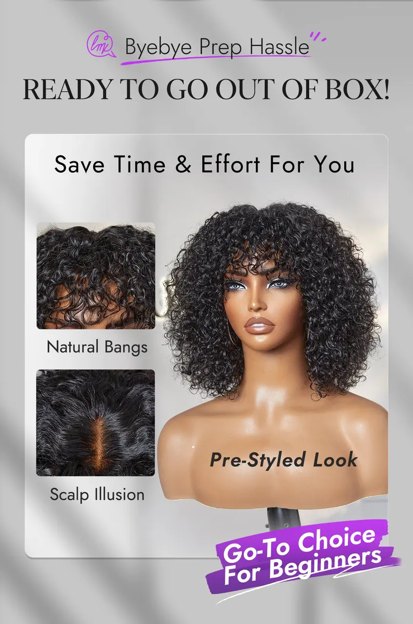 Beginner Friendly Water Wave Minimalist Lace Glueless Short Curly Wig with Bangs-21