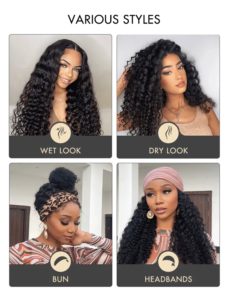 Deep Wave 4x4 Closure Lace Glueless Mid Part Long Curly Wig 100% Human Hair - US Only