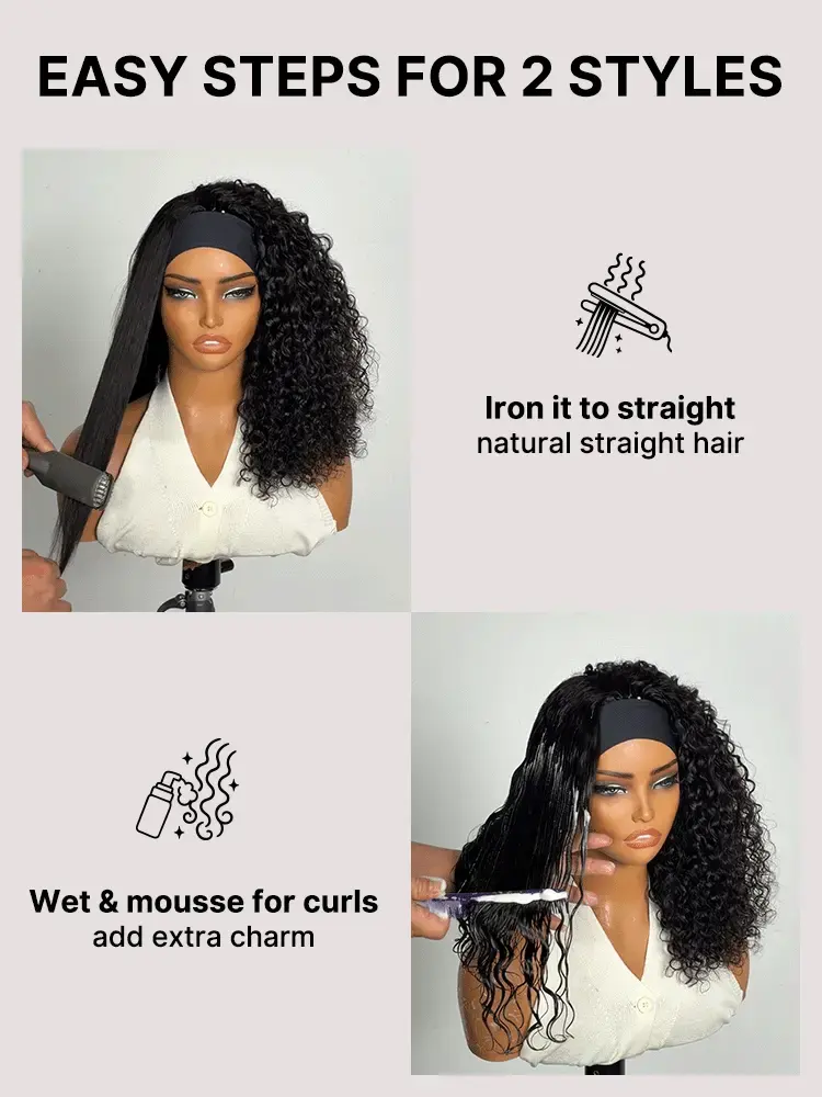 Beginner Friendly Water-Wave Wet and Wavy Headband Wig with Integrated Cooling Silk Headband, Effortless Wet-to-Dry Transformation (Get 2 Free Headbands)