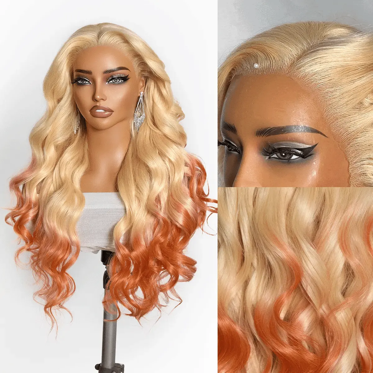 613 Blonde to Ginger Ombre body wave lace front wig with glueless ear-to-ear 13x4 HD lace, pre-cut lace, and adjustable drawstring cap
