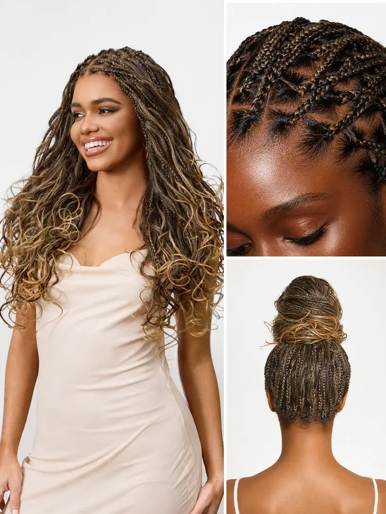 OwnScalp Ombre Honey Blonde French Curl Knotless Boho Braids full lace wig with flexi fit and drawstring cap