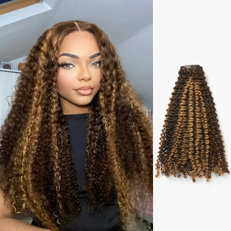 seamless brown highlights kinky curly clip-in hair extensions with 9 or 7 pieces, including a free gift, 135g weight.