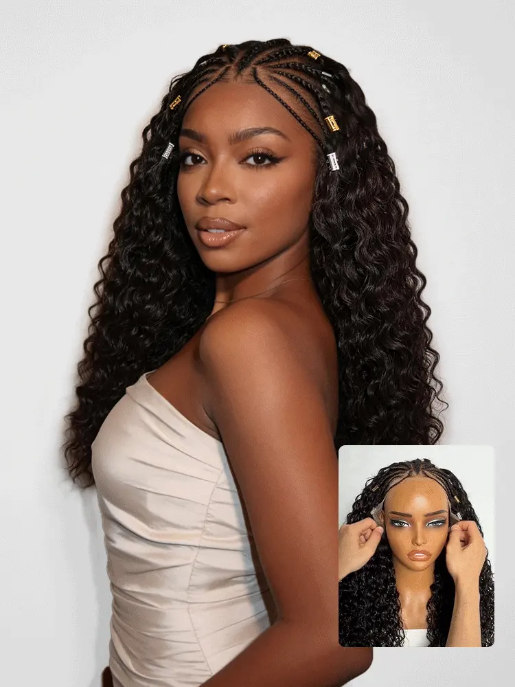 boho Fulani braids water wave 13x4 frontal lace wig with pre-cut lace and human hair for natural styling.