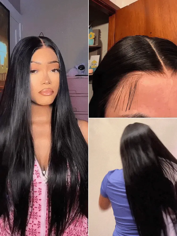 AiryFit™ silky straight long wig with middle part, glueless 5x5 lace closure, pre-cut lace, and natural scalp appearance.