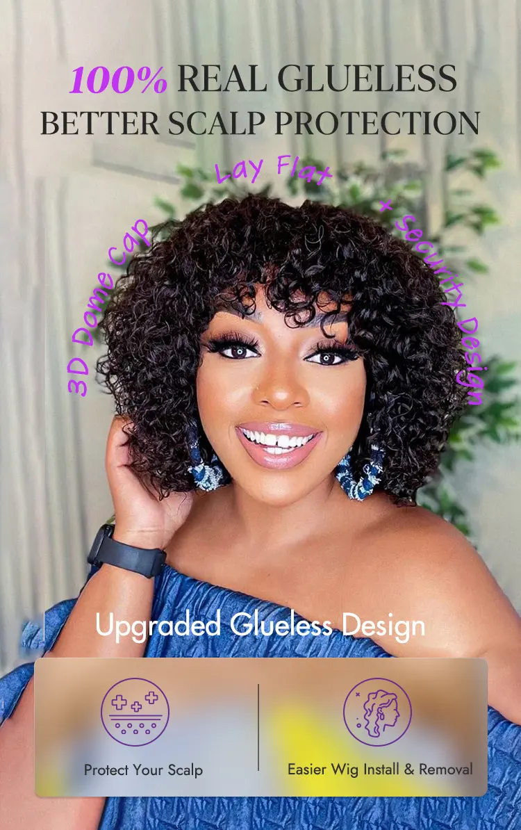 Light Weight Short Cut Water Wave Glueless Minimalist Lace Wig with Curly Bangs-09