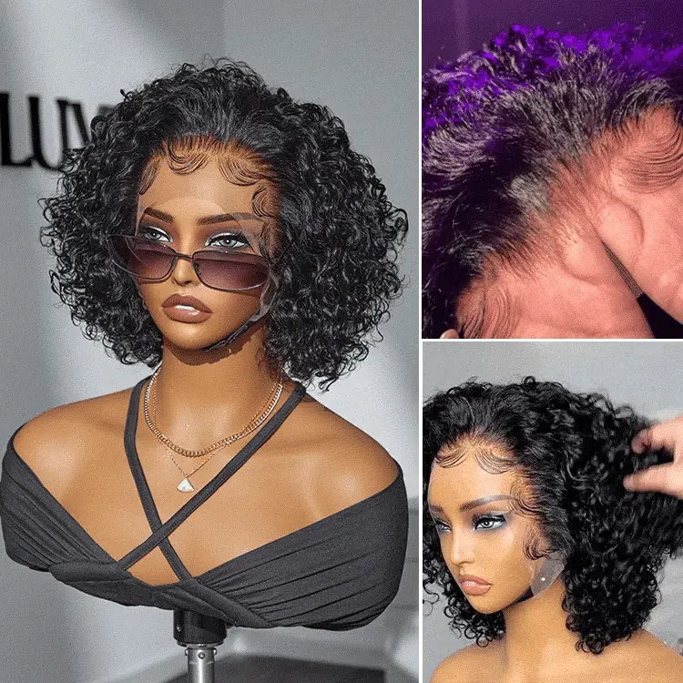 ultra natural short curly wig with wide T lace front, slicked back style, glueless ear-to-ear design.