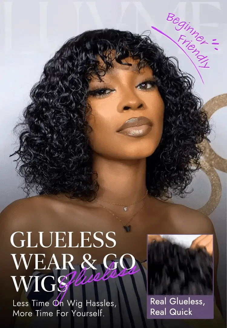 Beginner Friendly Water Wave Minimalist Lace Glueless Short Curly Wig with Bangs-20