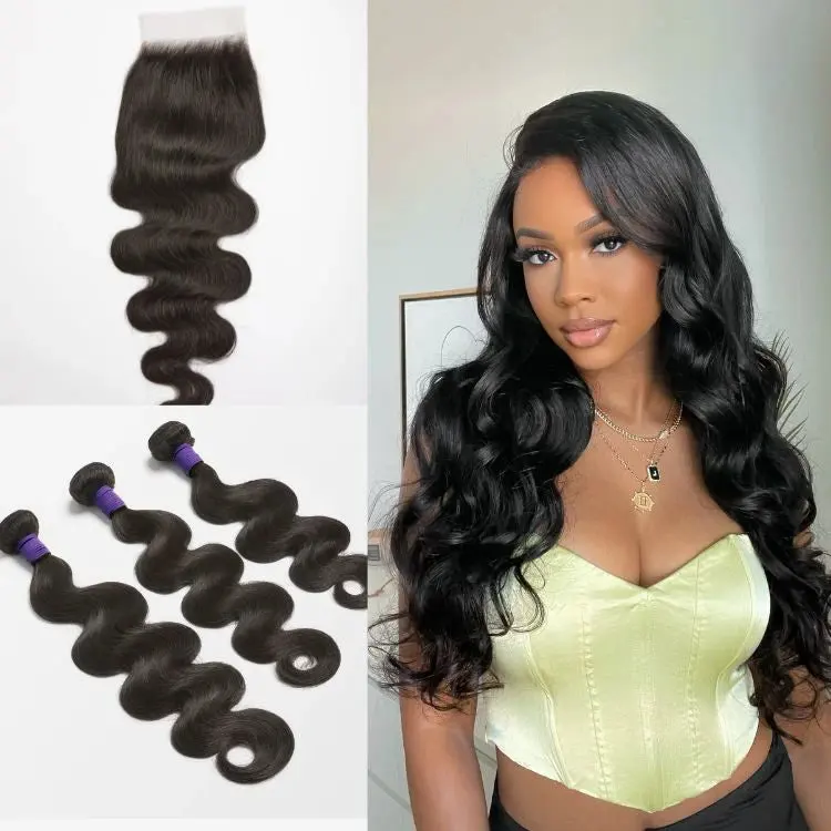 Upgraded Brazilian Body Wave hair bundles with 5x5 HD lace closure from , showcasing shiny, natural-looking hair extensions.
