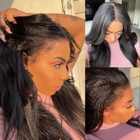 13x4 HD lace frontal wig featuring natural yaki straight hair, glueless design, free parting, and 13x4 lace closure.