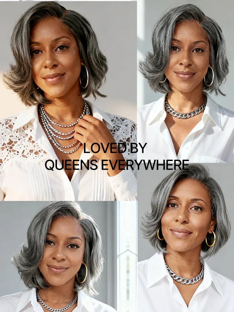 New Customers Only | Salt & Pepper 100% Human Hair Layered Bob Wig Glueless Minimalist Lace Grey Wig Pre-Cut Lace-13