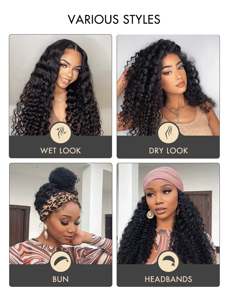 Deep Wave 4x4 Closure Lace Glueless Mid Part Long Curly Wig 100% Human Hair - US Only