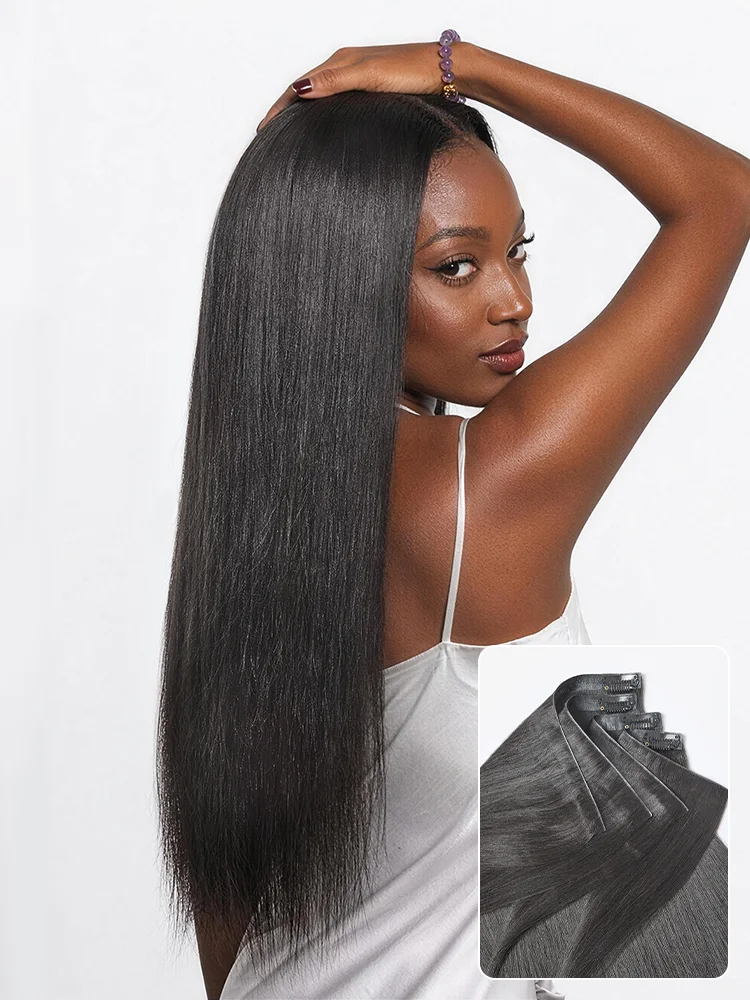Yaki Straight 0.59mm invisible clip-in hair extensions, seamless blend, lightweight, 100g, 7pcs or 6pcs for daily styling