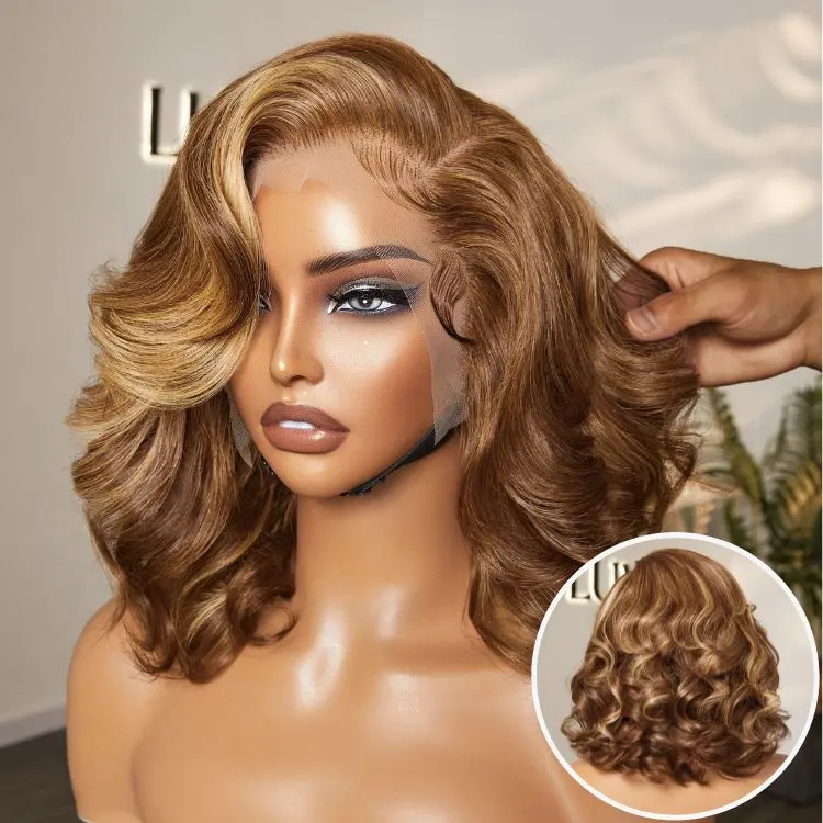 PreMax Honey Blonde Highlight and Natural Black Ombre Blonde Bouncy Body Wave Wig with 13x4 lace frontal