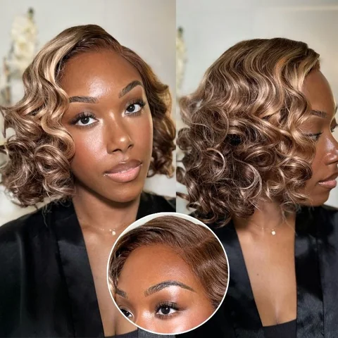 Ash blonde highlight short wavy lace wig by with loose waves and pre-cut lace for a seamless, natural look.