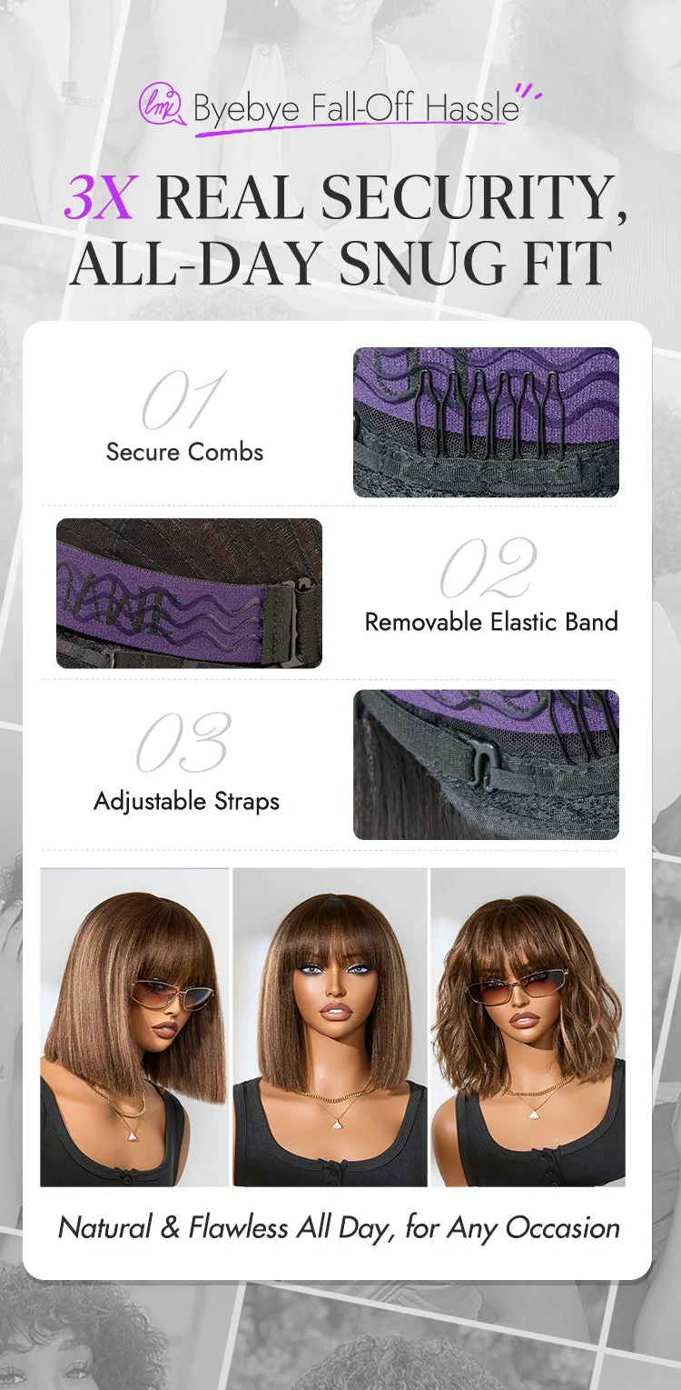 Ash Blonde Highlights Yaki Blunt Cut Bob Wig with Bangs Glueless Minimalist Lace Short Wig Breathable Cap-20