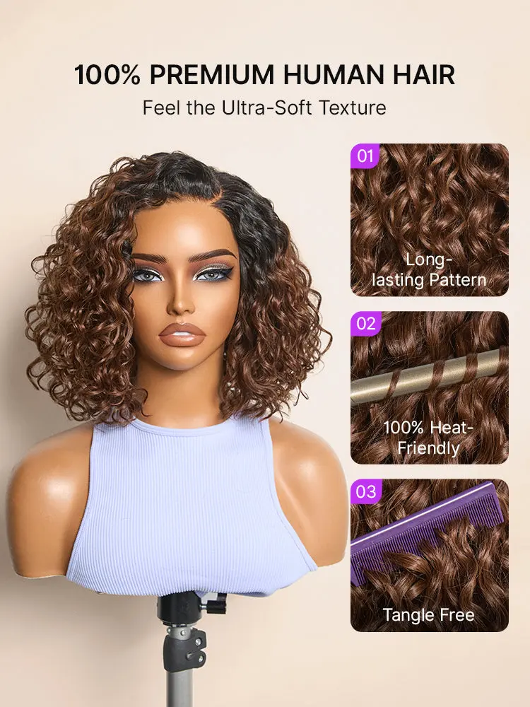 Ready to Go Ombre Brown Water Wave Short Curly Bob Wig Glueless Minimalist HD Lace Wig Pre-Cut Lace-13