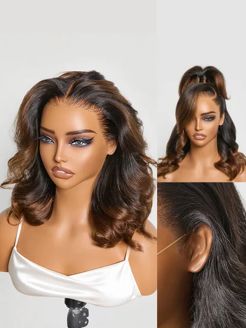 NatureMAX™ 13x6 HD lace front wig with loose wave style, ombre brown to natural black, shoulder length and flexible drawstring cap