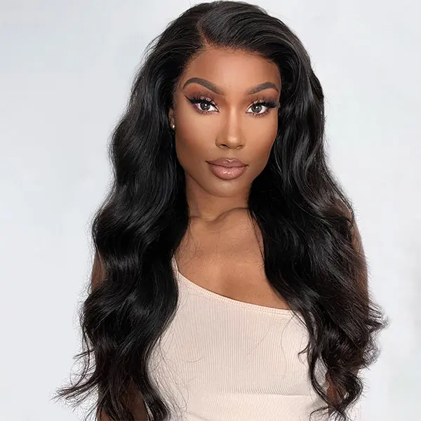 Natural black body wave 13x4 lace frontal wig with HD lace, glueless side part, long human hair by .