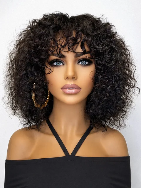 short curly lace wig with bangs, minimalist water wave style, glueless and beginner-friendly for easy wear and natural look