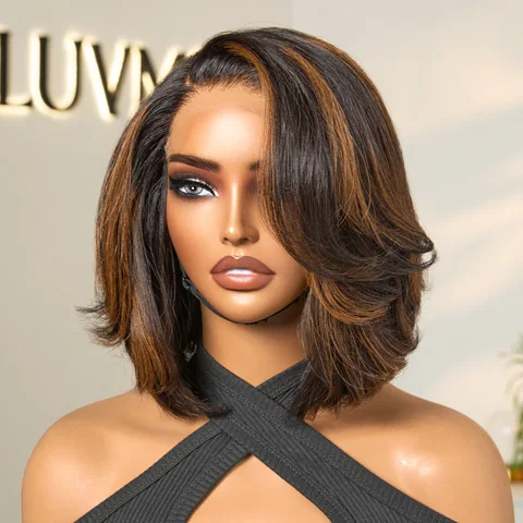 brown layered bob lace closure wig with 5x5 pre-cut lace, human hair, trendy blowout style, glueless design