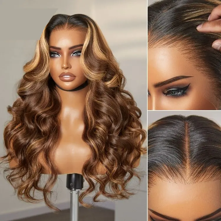 PreMax 2.0 Wigs 13x6 frontal wig with blonde highlights, loose body wave, HD lace, ear-to-ear, glueless, pre-cut lace