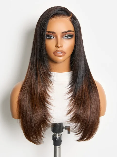 All-Day Comfort™ wig with ombre brown layered light yaki straight hair, butterfly cut, 7x6 HD lace closure, glueless design