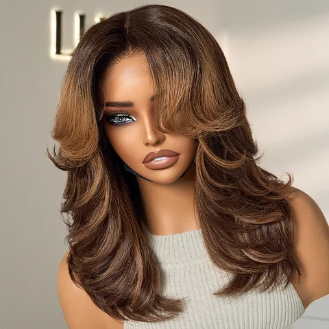 brown layered wavy short wig with middle part, glueless HD lace, effortless chic style, minimalist design.