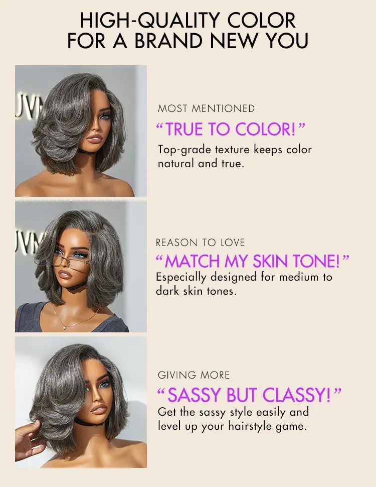 Crazy Wednesday | Boss Vibe Salt & Pepper Layered Bob / Body Wave Glueless Pre-Cut Minimalist Lace Grey Wig-15