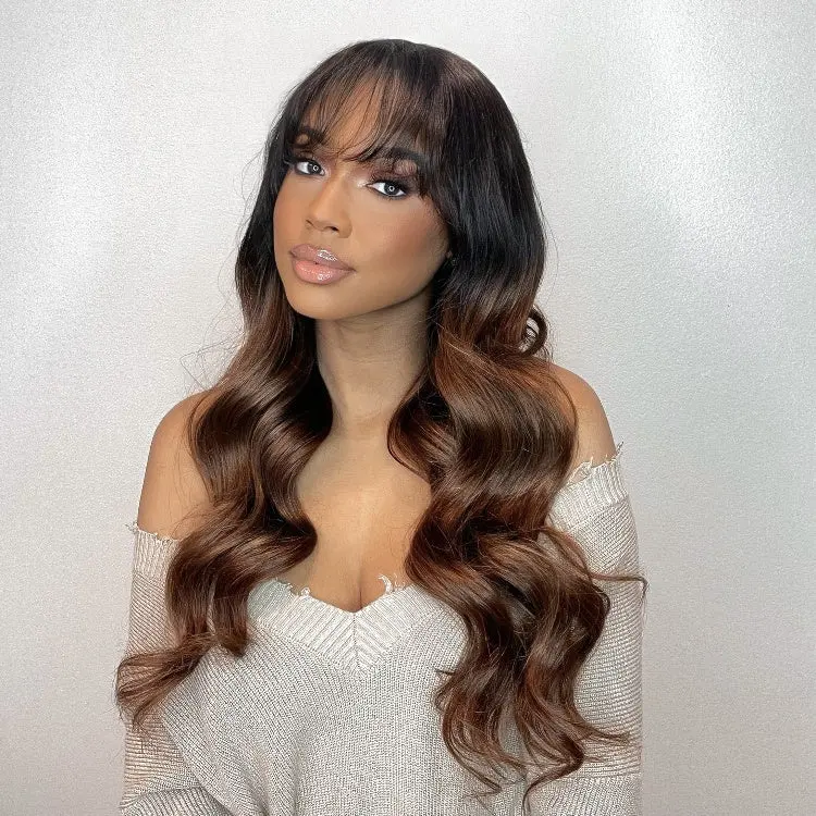 Letitia Chestnut Brown Ombre Loose Body Wave lace wig with blunt bangs, 5x5 closure, glueless, available in large and small cap sizes.