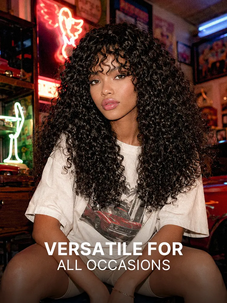 Beginner Friendly 200% Density Kinky Curly with Bangs Glueless 5x5 Closure Pre-Cut Lace Wig All Head Sizes Fit Cap